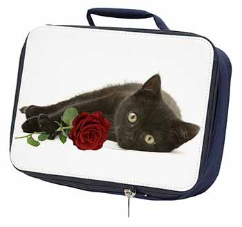 Black Kitten with Red Rose Navy Insulated School Lunch Box/Picnic Bag