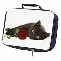 Black Kitten with Red Rose Navy Insulated School Lunch Box/Picnic Bag