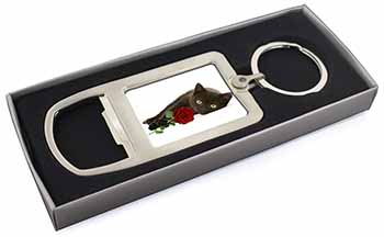 Black Kitten with Red Rose Chrome Metal Bottle Opener Keyring in Box