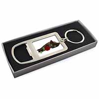 Black Kitten with Red Rose Chrome Metal Bottle Opener Keyring in Box