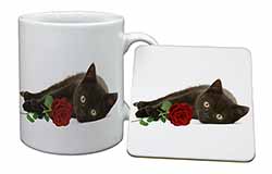 Black Kitten with Red Rose Mug and Coaster Set