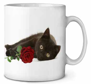 Black Kitten with Red Rose Ceramic Coffee Mug/Tea Cup