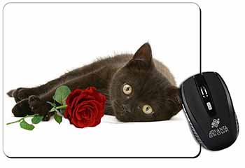 Black Kitten with Red Rose Computer Mouse Mat