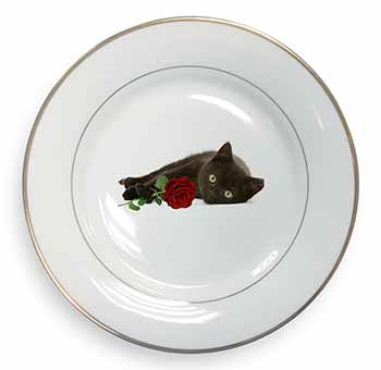 Black Kitten with Red Rose Gold Rim Plate Printed Full Colour in Gift Box