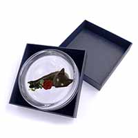 Black Kitten with Red Rose Glass Paperweight in Gift Box