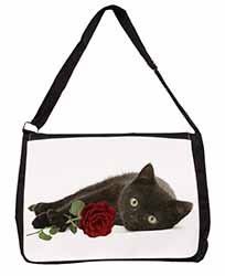 Black Kitten with Red Rose Large Black Laptop Shoulder Bag School/College