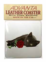 Black Kitten with Red Rose Single Leather Photo Coaster