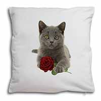 British Blue Kitten with Red Rose Soft White Velvet Feel Scatter Cushion