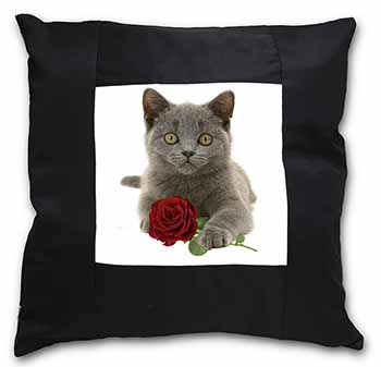 British Blue Kitten with Red Rose Black Satin Feel Scatter Cushion