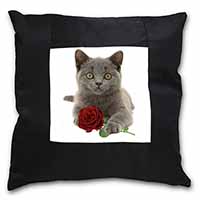 British Blue Kitten with Red Rose Black Satin Feel Scatter Cushion