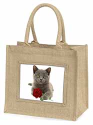 British Blue Kitten with Red Rose Natural/Beige Jute Large Shopping Bag