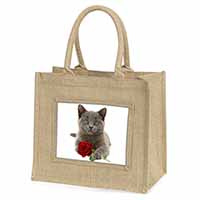 British Blue Kitten with Red Rose Natural/Beige Jute Large Shopping Bag