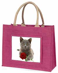 British Blue Kitten with Red Rose Large Pink Jute Shopping Bag