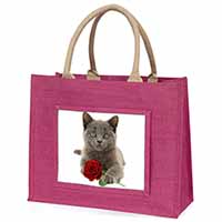 British Blue Kitten with Red Rose Large Pink Jute Shopping Bag