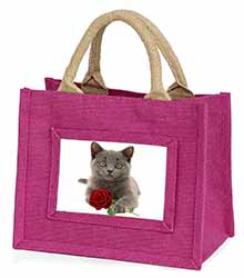 British Blue Kitten with Red Rose Little Girls Small Pink Jute Shopping Bag