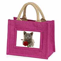 British Blue Kitten with Red Rose Little Girls Small Pink Jute Shopping Bag