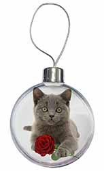 British Blue Kitten with Red Rose Christmas Bauble