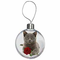 British Blue Kitten with Red Rose Christmas Bauble