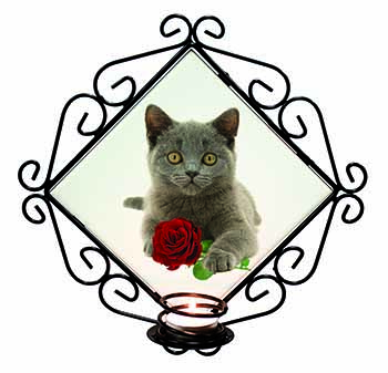 British Blue Kitten with Red Rose Wrought Iron Wall Art Candle Holder