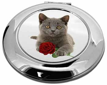 British Blue Kitten with Red Rose Make-Up Round Compact Mirror