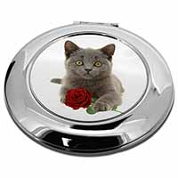 British Blue Kitten with Red Rose Make-Up Round Compact Mirror