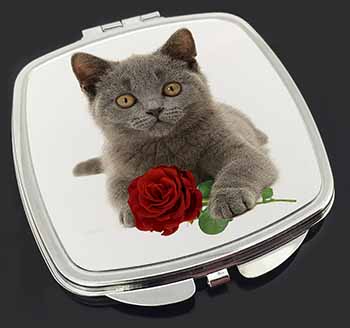 British Blue Kitten with Red Rose Make-Up Compact Mirror