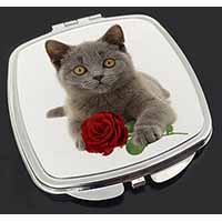 British Blue Kitten with Red Rose Make-Up Compact Mirror