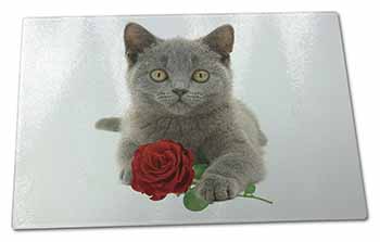 Large Glass Cutting Chopping Board British Blue Kitten with Red Rose