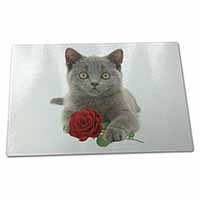 Large Glass Cutting Chopping Board British Blue Kitten with Red Rose