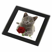 British Blue Kitten with Red Rose Black Rim High Quality Glass Coaster