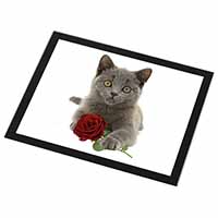 British Blue Kitten with Red Rose Black Rim High Quality Glass Placemat