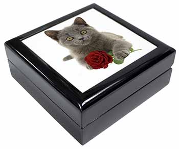 British Blue Kitten with Red Rose Keepsake/Jewellery Box