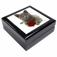 British Blue Kitten with Red Rose Keepsake/Jewellery Box