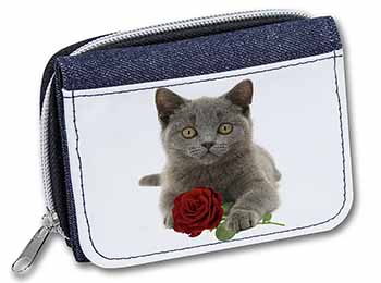 British Blue Kitten with Red Rose Unisex Denim Purse Wallet