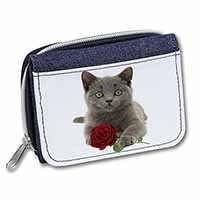 British Blue Kitten with Red Rose Unisex Denim Purse Wallet