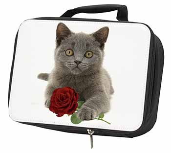 British Blue Kitten with Red Rose Black Insulated School Lunch Box/Picnic Bag