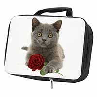 British Blue Kitten with Red Rose Black Insulated School Lunch Box/Picnic Bag