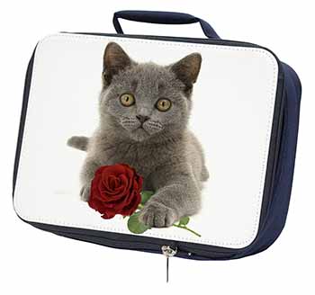 British Blue Kitten with Red Rose Navy Insulated School Lunch Box/Picnic Bag