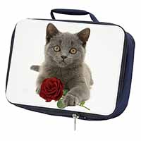 British Blue Kitten with Red Rose Navy Insulated School Lunch Box/Picnic Bag