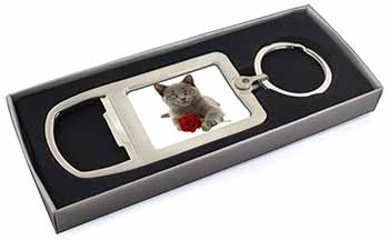 British Blue Kitten with Red Rose Chrome Metal Bottle Opener Keyring in Box