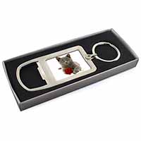 British Blue Kitten with Red Rose Chrome Metal Bottle Opener Keyring in Box