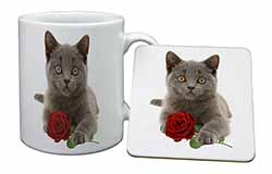 British Blue Kitten with Red Rose Mug and Coaster Set