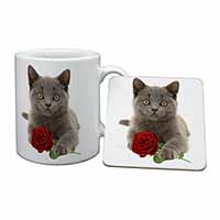 British Blue Kitten with Red Rose Mug and Coaster Set