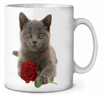 British Blue Kitten with Red Rose Ceramic Coffee Mug/Tea Cup