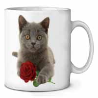 British Blue Kitten with Red Rose Ceramic Coffee Mug/Tea Cup