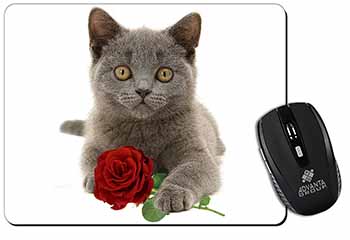 British Blue Kitten with Red Rose Computer Mouse Mat