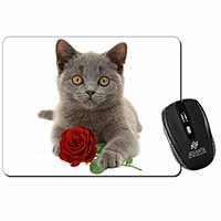 British Blue Kitten with Red Rose Computer Mouse Mat