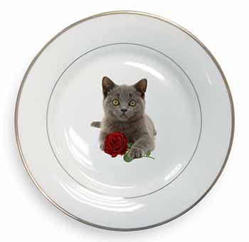 British Blue Kitten with Red Rose Gold Rim Plate Printed Full Colour in Gift Box