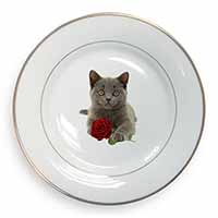 British Blue Kitten with Red Rose Gold Rim Plate Printed Full Colour in Gift Box