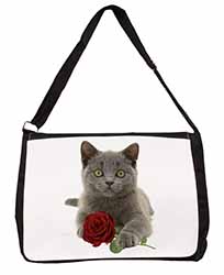 British Blue Kitten with Red Rose Large Black Laptop Shoulder Bag School/College